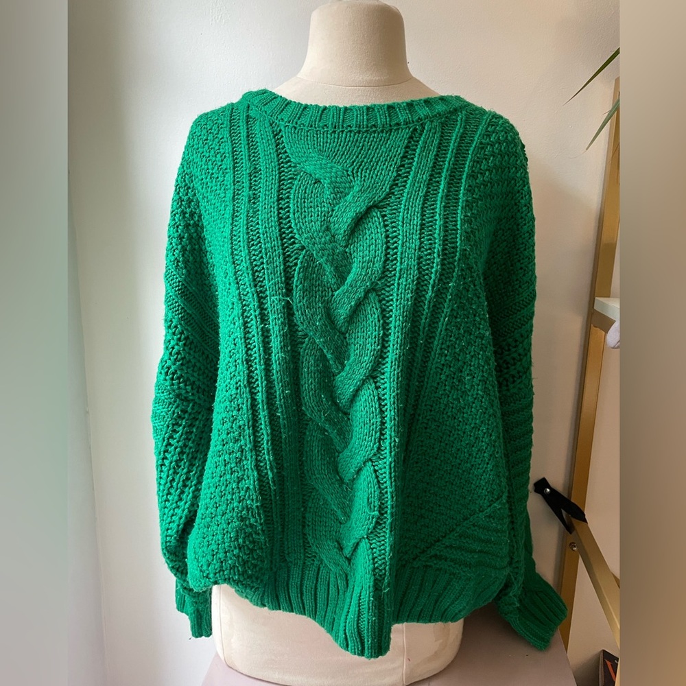 Bright Green One A Cable Knit Crew Neck Sweater